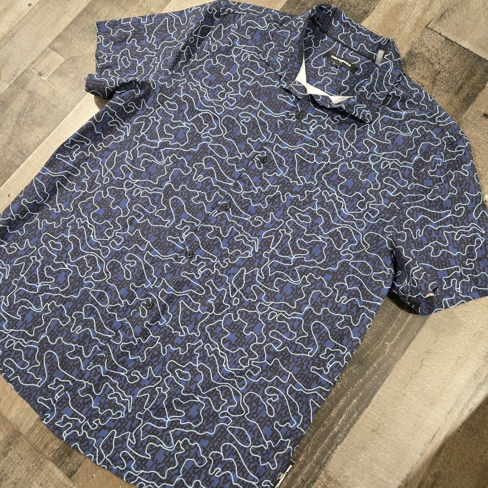 Karl Lagerfeld Paris Mens XL Navy Blue Logo Print Short Sleeve Button Down Shirt